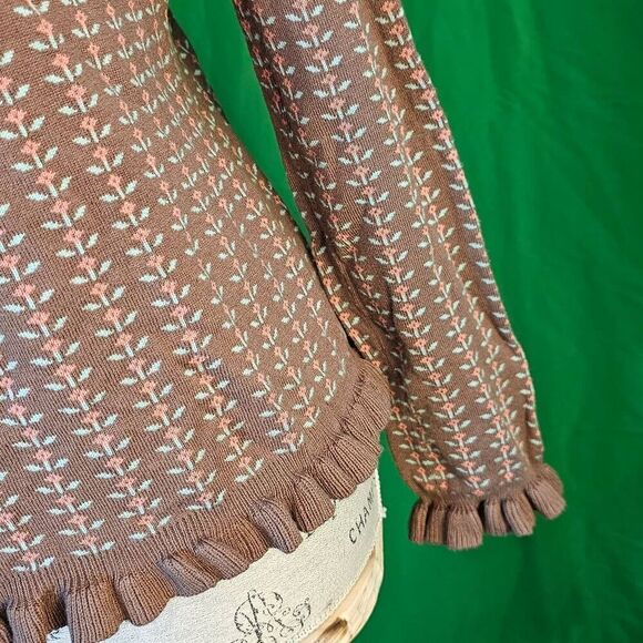 Modcloth Womens Brown Floral Ruffle Trim Sweater Medium - Picture 3 of 5